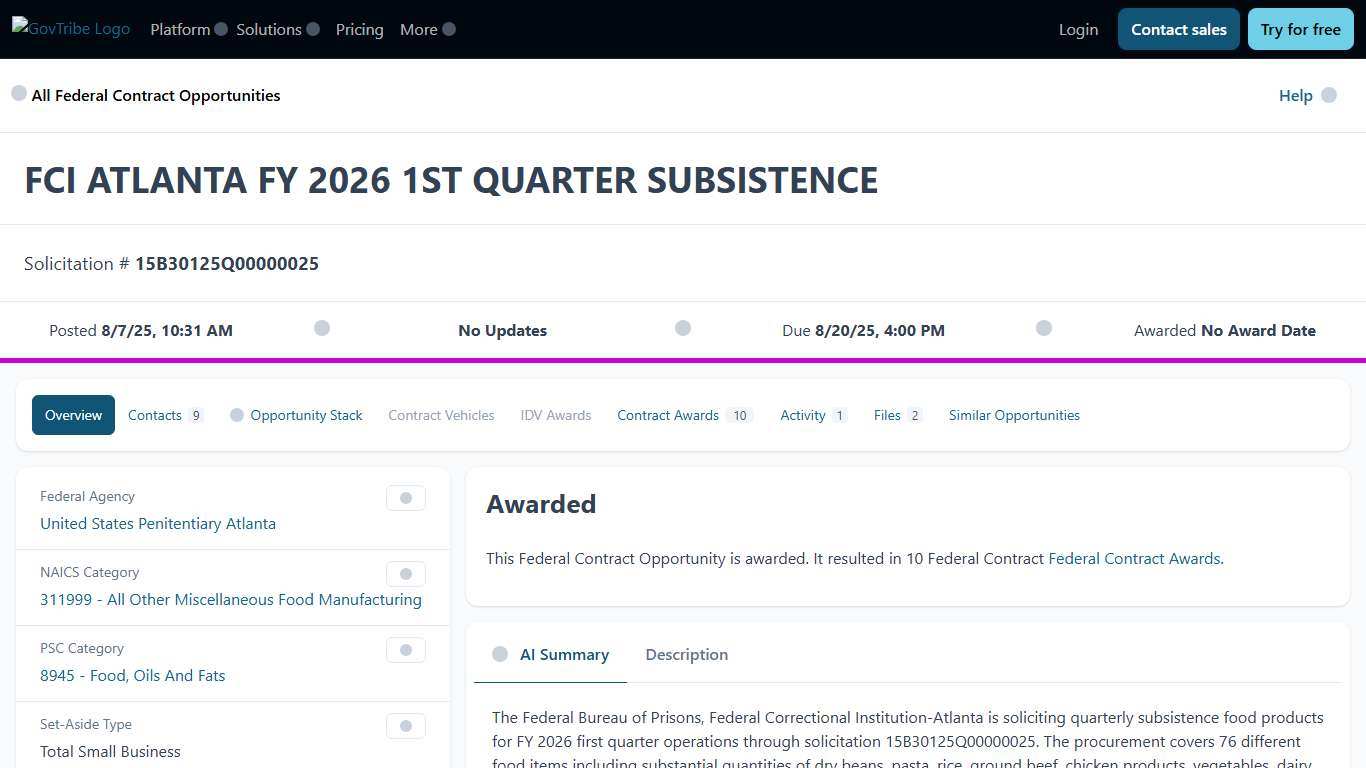 FCI ATLANTA FY 2026 1ST QUARTER SUBSISTENCE